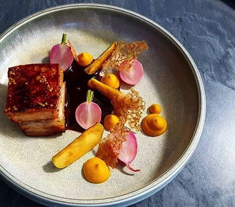 Pork Belly Dishes Fine Dining, Pork Belly Recipes Fine Dining, Pork Belly Appetizer Recipes, Apple Cider Sauce, Apple Cider Pork, Pork Belly Recipes Crispy, Carrot Puree, Fried Pork Belly, Chef Dishes