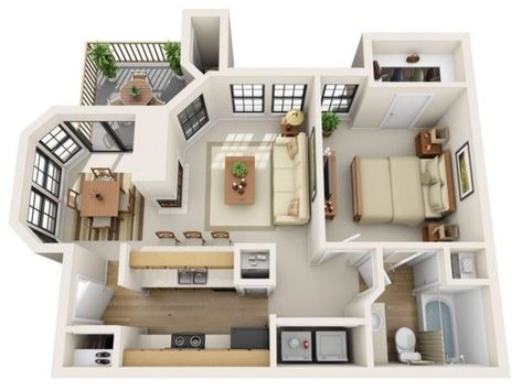 1-bedroom apartment Apartment Layout 1 Bed, 1 Bedroom Apartment Layout, Sims Layout, Character Homes, Flat Plan, House Projects Architecture, Slope House, Plan Layout, Apartment Floor Plans