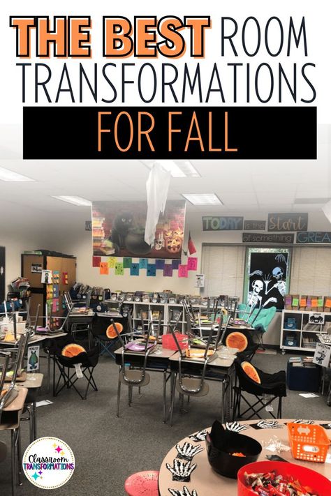 A Halloween themed classroom transformation for fall 3rd Grade Math Room Transformation, Halloween Class Transformation, Fall Classroom Transformation Ideas, Middle School Room Transformation, Fall Room Transformation Classroom, Halloween Room Transformation Classroom, Pumpkin Patch Classroom Transformation, Pumpkin Classroom Transformation, Math Room Transformations