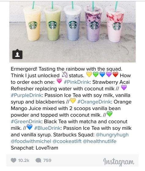 What to order for Rainbow starbucks drink: pink, purple, yellow, green, blue Rainbow Starbucks Drinks How To Order, Purple Starbucks Drink, Starbucks Rainbow, Rainbow Drinks, Starbucks Hacks, Strawberry Acai Refresher, Purple Drinks, Secret Starbucks Drinks, Vanilla Bean Powder