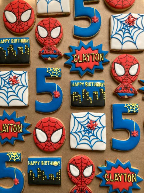 Spider Man Birthday Cookies, Spider Man 2nd Birthday, Spiderman Deserts, Spidey And Friends Cookies, Spider Man 5th Birthday Party Ideas, Spider-man Cookies, Spidey And His Amazing Friends Cookies, Spiderman Cookies Decorated, Spiderman Sugar Cookies