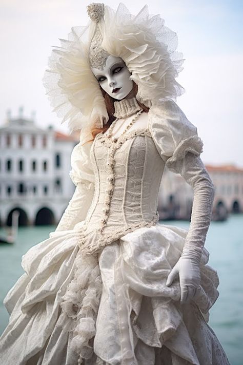 Immerse yourself in the splendor of Venetian haute couture with our exquisite Carnival and Masquerade Ball costume. This handcrafted masterpiece will transport you to the golden age of Venice, where elegance and mystery were intertwined in every celebration. Every detail of this suit has been meticulously crafted by Venetian artisans, paying homage to the rich heritage of the canal city. The richness of the fabrics, the precision of the embroidery and the attention to color reflect Venetian trad Alice In Wonderland Haute Couture, Masquerade Astethic, Carnival Costumes Ideas Women Outfit, All White Costume, Realistic Halloween Costumes, Masquerade Outfit Ideas, Masquerade Aesthetic, Masquerade Ball Costume, Masquerade Ball Outfits