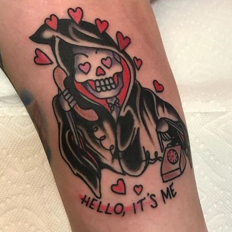 50 Fantastic Grim Reaper Tattoo Design Ideas » Cute Reaper Tattoo, Girly Grim Reaper Tattoo, Cute Grim Reaper Tattoo, Traditional Grim Reaper Tattoo, Cute Halloween Tattoos, Tier Tattoo, Skeleton Tattoo, Grim Reaper Tattoo, Reaper Tattoo