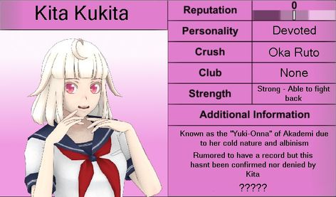 Info card of my Yandere Simulator OC Yansim Oc, Yandere Oc, Yuki Onna, Phone Info, Yandere Simulator, Character Designs, Feelings, Memes, Anime