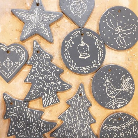 Feeling a little Christmassy this morning. These sgraffito ornaments will be ready for @handmadecanberra 7,8&9 Dec though there won’t be many #ceramicartist #handmadeporcelain #porcelain #designermarket #scandinaviandesign #sgraffito #nordicdesign #christmasdecor #christmasdecorations Sgraffito Christmas Designs, Sgraffito Christmas Ornaments, Sgraffito Ornaments, Christmas Sgraffito, Sgraffito Christmas, Porcelain Painting Ideas, Clay Sgraffito, Xmas Clay, Ceramic Functional