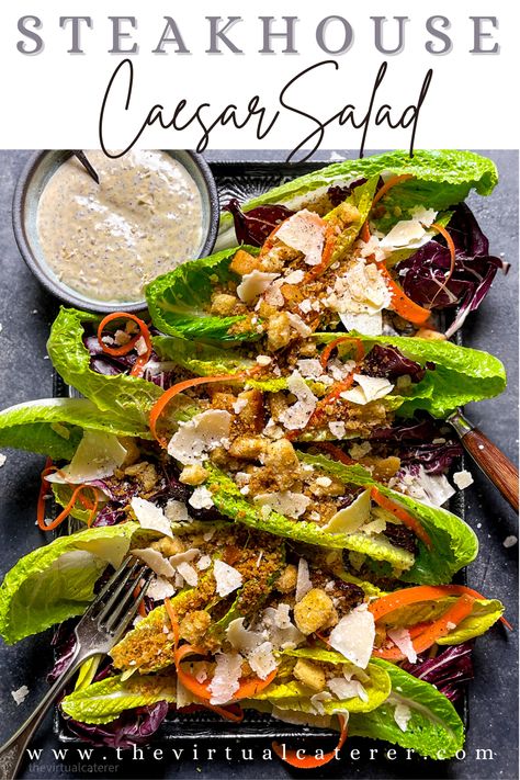 a mix of romaine lettuce hearts and radicchio leaves topped with shaved carrots, croutons and parmesan cheese. Fancy Caesar Salad, Ceasar Salad For A Party, Steak Ceasar Salad Recipe, Salad Styling, Easy Ceasar Salad Recipe, Easy Ceasar Salad, Authentic Ceaser Salad, Salad At Home, Impressive Dinner