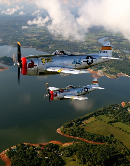 P-47 "Wicked Wabbit" and "Hun Hunter XVI" in formation P47 Thunderbolt, Ww2 Fighter Planes, P 47 Thunderbolt, Gatlinburg Cabin Rentals, Wwii Fighter Planes, Wwii Airplane, Old Planes, Wwii Fighters, Wwii Plane