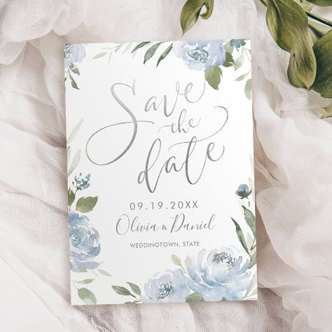 Romantic Dusty Blue Calligraphy Save The Date #zazzle #weddinginvitations #birthdayinvitations #babyshowerinvitations #zazzleinvitations #monogram #businesscards #graduation #homedecor Save The Date Floral, Wedding In Spring, Blue Calligraphy, Blue And Sage Green, Rustic Wedding Save The Dates, Spring Garden Wedding, Rustic Save The Dates, Botanical Gardens Wedding, Wedding Romantic