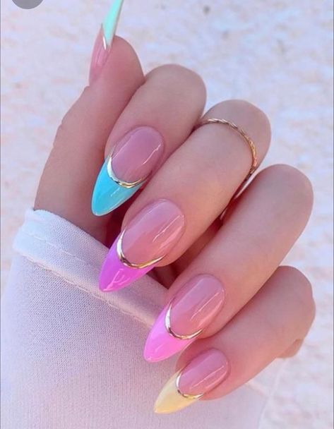 Nails Polish Ideas, Almond Nails Pink, Nails Bright, Neon Nail Polish, Beautiful Lifestyle, Short Almond Nails, Colorful French, Subtle Nails, Short Almond