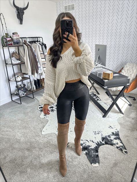 Sweater Dress With Knee High Socks, Knitted Boots Outfit, Boot And Legging Outfits, Fancy Leggings Outfit, Oversized Sweater And Leather Leggings, Going Out Style 2023, Leggings And Thigh High Boots Outfit, Coffee Date Outfit Leggings, Bodysuit Outfit Leggings