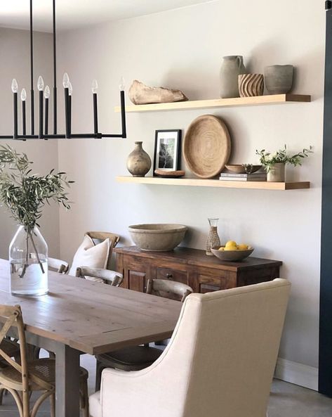 Floating Shelves In Dining Room, Shelves In Dining Room, Dining Room Floating Shelves, Dining Room Shelving, Corner Shelf Ideas, Dining Room Shelves, Hand Raised, Diy Dresser Makeover, Diy Accent Wall