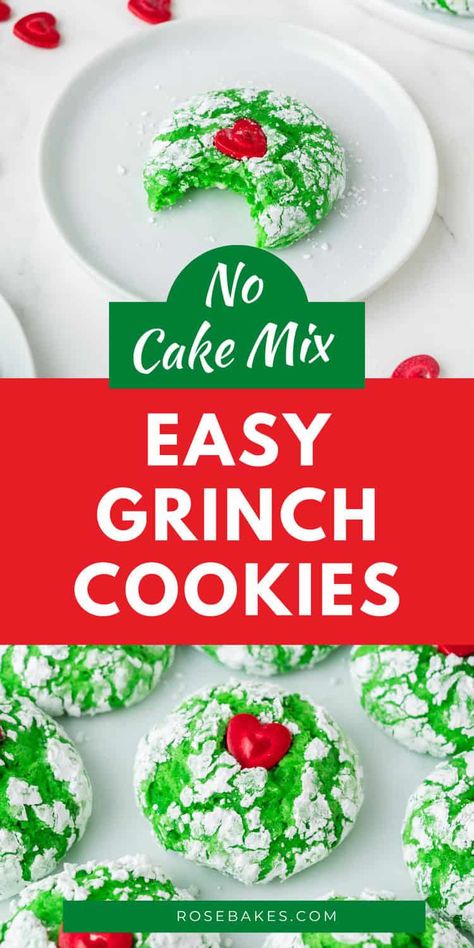 These adorable Grinch Cookies look and taste like soft green crinkle cookies. They are perfect for the holiday season. You can serve them at Christmas parties, a Grinch movie night, or cookie exchanges. Grinch Crinkle Cookies, The Grinch Cake, Grinch Cake, Cake Mix Recipe, Grinch Cookies, Cake Mixes, Cookies Cake, Oreo Dessert, Crinkle Cookies