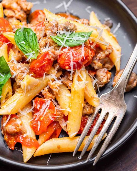 Sausage Tomato Pasta Recipes, Sausage And Cherry Tomato Pasta, Tomato Basil Sausage Pasta, Italian Sausage Cherry Tomatoes Pasta, Sausage Tomato Pasta, Tomato Ideas, Silva Family, Italian Sausage Recipes Pasta, Burst Cherry Tomatoes