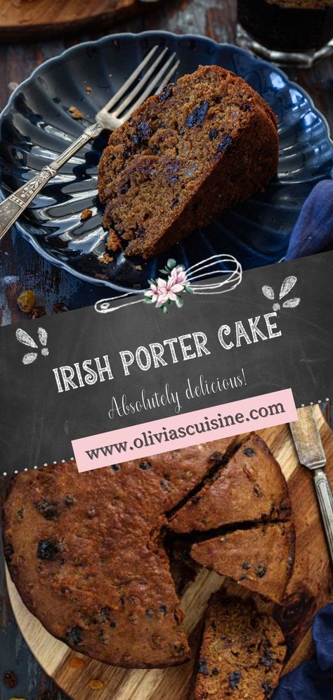 A rich and moist Irish Porter Cake is all you need to please your sweet tooth on St. Patrick's Day! Made with dried fruit, hearty spices and porter beer, this cake is traditionally served during the holidays but easy enough to be enjoyed as an afternoon snack whenever you feel like it. This easy Irish Porter Cake recipe is ready and just over an hour and keeps for several weeks! | www.oliviascuisine.com | #portercake #fruitcake Irish Porter Cake, Porter Cake, Easy Irish Recipes, Irish Boxty, Irish Cake, Porter Beer, Simnel Cake, British Foods, Box Cake Recipes