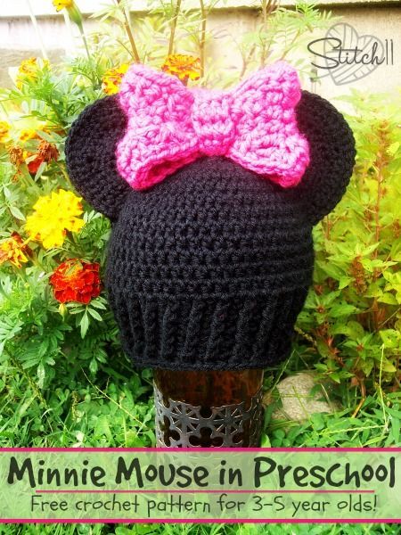 Minnie Mouse in Preschool Crochet Mouse Hat Free Pattern, Disney Crochet Patterns Free Minnie Mouse, Minnie Mouse Crochet Hat Pattern Free, Crochet Minnie Mouse Hat Toddler Free Pattern, Kids Animal Hats, Crochet Minnie Mouse Hat, Crochet Hat, Crochet Kids Hats, Crochet Disney