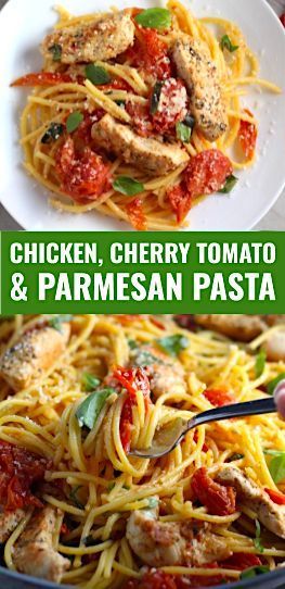 EASY 30-Minute Dinner!  Chicken and Cherry Tomato Pasta has a garlic-y backdrop with sweetness from the cherry tomatoes.  With fresh basil, salty and nutty Parmesan and  hearty chicken and pasta!!  #pasta #tomatoes #easydinner #dinner #easyrecipes #healthydinner #chicken #familydinner #healthyrecipes #glutenfree Easy Spring Recipes, Chicken And Pasta, Cherry Tomato Recipes, Delicious Family Dinners, Spring Pasta, Cherry Tomato Pasta, Hearty Chicken, Parmesan Pasta, Easy Chicken Dinner Recipes