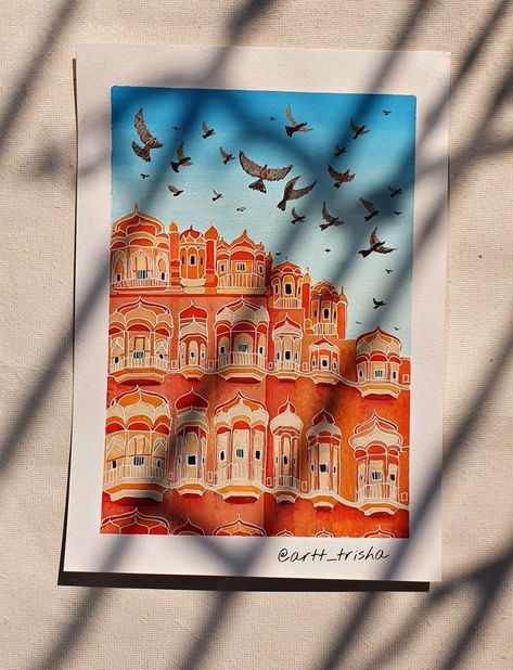 Jaipur Painting Art, Hawa Mahal Drawing, Hawa Mahal Painting, Hawa Mahal Sketch, Palak Drawing, Monuments Drawing, Rajasthan Painting, Guache Art, Rajasthan Art