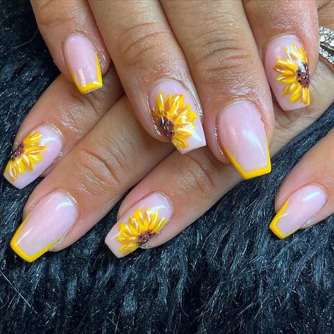 Summer is the time to get creative and bring brightness, positivity, and warmth to your nails, and what better way to do this than coffin sunflower nails? Get inspired by our roundup of the best nail design ideas with sunflowers on coffin nails. Sunflower Themed Nails, Black Nails With Sunflower Design, Nails With Sunflowers, Cute Sunflower Nails, Fall Sunflower Nails, Sunflower Nails Design, Sunflower Nail Ideas, Grad Nails, Sunflower Nail Art