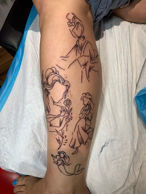 Muses Tattoo Disney, Disney Themed Leg Sleeve Tattoo, Disney Princesses Tattoo Sleeve, Disney Full Leg Tattoo, Leg Tattoos Women Disney, Disney Princess Leg Sleeve Tattoo, Tattoo Perna, Disney Sleeve Tattoos, Prince Tattoos