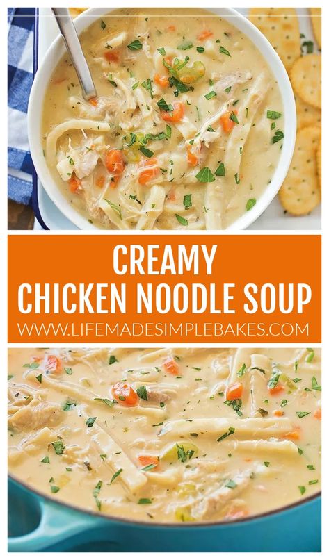 This thick and creamy chicken noodle soup is the perfect cozy meal for a cold winter day! It's simple, delicious and filling! #soup #chickennoodlesoup #chickennoodlesouprecipe #chickennoodle #creamysoup Lazy Chicken Noodle Soup, Dairy Free Creamy Chicken Noodle Soup, Chicken Noodle Soup With Cream Cheese, Southern Style Chicken Noodle Soup, Crockpot Chicken Noodle Soup With Frozen Noodles, Creamy Chicken Noodle Soup Pioneer Woman, Simple Homemade Chicken Noodle Soup, Crockpot Chicken Noodle Soup With Reames Noodles, Leftover Chicken Noodle Soup Ideas