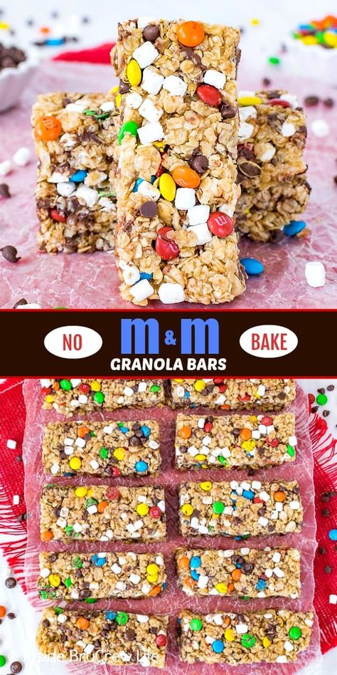 M&m Granola Bars, Granola Bars With Marshmallow, No Bake Ideas For Kids, No Bake Snacks For Kids To Make, No Bake Kids Recipes, Baking For Kids Easy, No Bake Recipes For Kids To Make, Snacks That Don't Need Refrigeration, Breakfast Bars For Kids