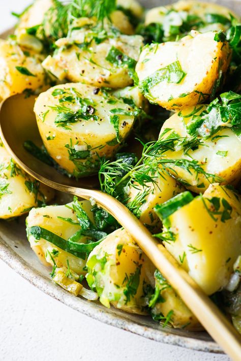 Herbed Potato Salad (No Egg, No Mayo) • Non-Guilty Pleasures Potato Salad Photography, Potato Salad No Egg, Potato Salad No Mayo, Salad Photography, Herbed Potato Salad, Japanese Potato Salad, Potatoes And Eggs, Eggs Salad, Japanese Potato