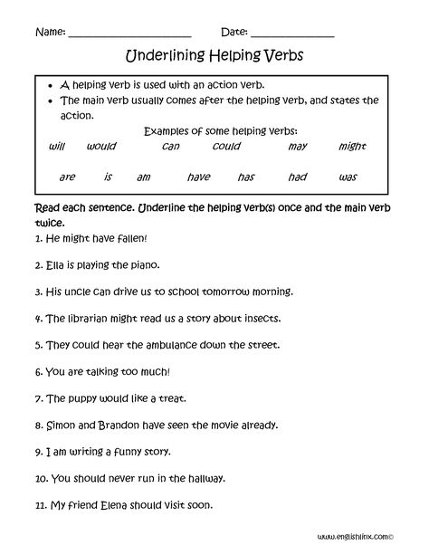 Underlining Helping Verbs Worksheets Main And Helping Verbs Worksheets, Helping Verbs Activities, Linking Verbs Worksheet, Helping Verbs Worksheet, Action Verbs Worksheet, Linking Verbs, Main Verbs, Helping Verbs, Worksheets For Grade 3