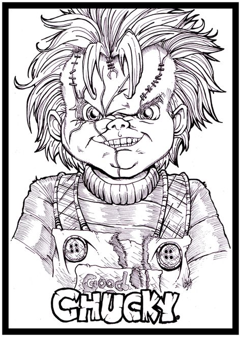 Chucky Coloring Pages, Chucky Drawing, Scary Coloring Pages, Free Adult Coloring Printables, Scary Drawings, Horror Drawing, Scooby Snacks, Adult Colouring Printables, Adult Coloring Designs