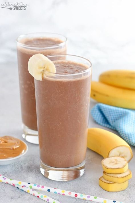 Chocolate Peanut Butter Banana Smoothie - A rich and creamy smoothie that will satisfy your chocolate craving without any guilt. A healthy breakfast, dessert or snack. #smoothie #peanutbutter #banana #protein Chocolate Peanut Butter Banana Smoothie, Celebrating Sweets, Chocolate Banana Smoothie, Chocolate Peanut Butter Smoothie, Banana Smoothie Bowl, Peanut Butter Banana Smoothie, Snack Smoothie, Peanut Butter Smoothie, Banana Protein