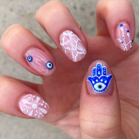 Lizzie Ocean Nails - Wirral on Instagram: “Moroccan boho vibes all over here 🧿💙 ⠀ @amyguynailartist masterclass killing it again this week 🦋 inspo from @ccnails__ and the thumb comes…” Hamsa Nails, Moroccan Nails, Ocean Nails, 2024 Nails, Moroccan Boho, Killing It, Moroccan Design, Boho Vibe, Diy Nails