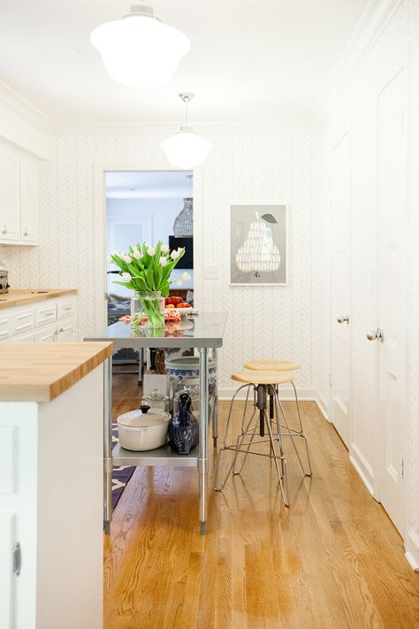 Steel Island Kitchen, Stainless Steel Kitchen Island, Stainless Steel Island, Industrial Room, Before After Kitchen, White Tile Backsplash, Domino Magazine, White Backsplash, Metal Kitchen