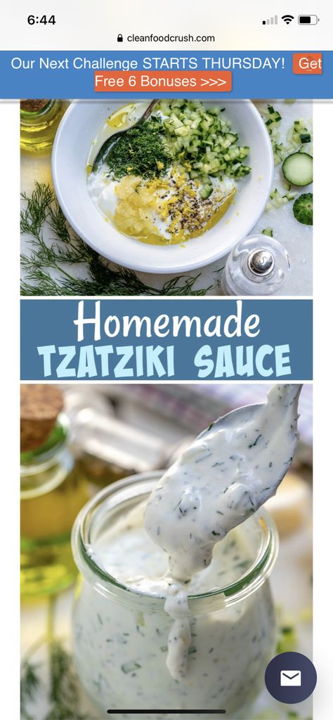 Tzatziki Sauce Easy, Tzatziki Sauce Recipe, Homemade Tzatziki Sauce, Homemade Tzatziki, Garlic Chicken Recipes, Clean Eating Recipes For Dinner, Marinade Sauce, Clean Food Crush, Veggie Dip