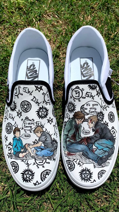 Supernatural custom hand painted vans Shoe Ideas, Custom Vans, Painted Shoes, Vans Authentic Sneaker, Shirt Ideas, Vans Classic Slip On Sneaker, Vans Shoes, Vans Sneaker, Supernatural