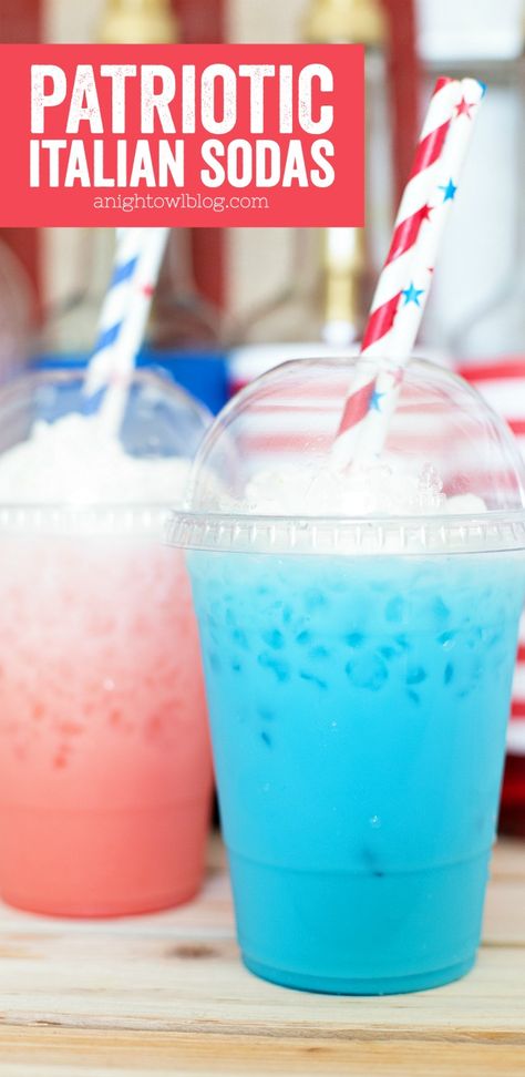 Whip up these fun and festive Patriotic Italian Sodas for the 4th of July or anytime you want a refreshing summer treat! Blue Drink Ideas, Red White Blue Drink, Italian Sodas, Fourth Of July Drinks, Patriotic Cocktails, Italian Cream Soda, Blue Lemonade, Virgin Drinks, Layered Drinks