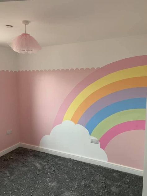 Rainbow Wall Decor Diy, Rainbow On Wall Kids Rooms, Rainbow Girls Room Ideas, Girls Rainbow Room Ideas, Girls Bedroom Mural Ideas, Paint For Girls Room, Rainbow Wall Bedroom, Rainbow Bedroom Girl, Pink Rainbow Bedroom