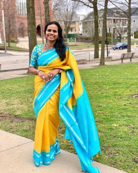 Sky Blue Combination, Saree Styling, Blue Combination, Indian Outfits Lehenga, Traditional Blouse Designs, Fashion Indian, Yellow Saree, Yellow Sky, Indian Lehenga