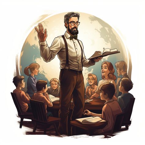 a teacher teaching. Illustration for a t-shirt, white background Teacher Illustration Character, Teacher Character Design, Teaching Illustration, Teacher Man, Teachers Illustration, Male Teacher, Teacher Teaching, Fnaf Drawings, Cloud Services