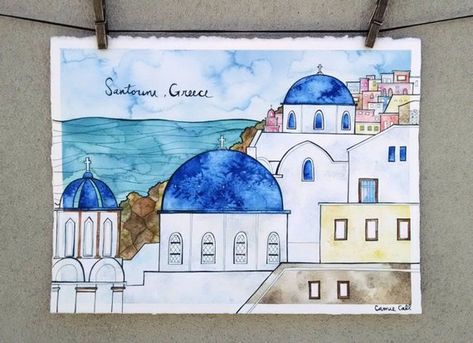 Greece Sketch, Greece Drawing, Greece Print, Greece Painting, Ink And Watercolor, Greek Art, Mixed Media Art Journaling, Amazing Art Painting, Santorini Greece