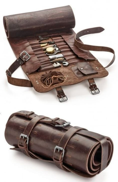 Leather Bag For Tools, Viking Inspired Outfit Men, Diy Tool Roll, Fantasy Items Products, Tool Bag Ideas, Dnd Tools, Survival Aesthetic, Roll Up Tool Bag, Dnd Bag