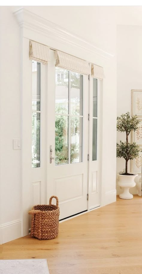 Curtain On Front Door, Roman Shades Front Door, French Door Shades Ideas, French Door Drapes, Blinds On Front Door, Blinds For Double Doors, Window Treatments For Front Door, Front Door Window Treatments, Side Window Front Door Coverings