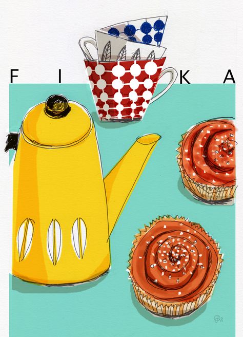 Fika, Swedish coffee time, Cinamon rolls Fika Illustration, Fika Aesthetic, Sweden Illustration, Yummy Illustration, Swedish Fika, Swedish Coffee, Peaceful Morning, Stamp Carving, Coffee Theme