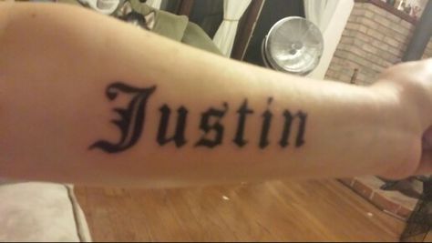 My son's name Justin Tattoo Name, Justin Name, Justin Tattoo, Cute Tiny Tattoos, Name Tattoo, Name Tattoos, Tiny Tattoos, Name Tags, Tattoo Quotes