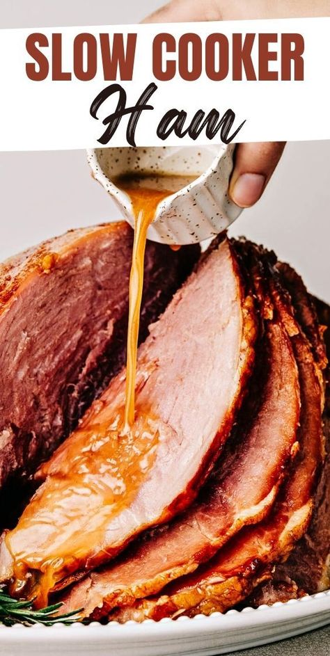 This Slow Cooker Ham with Brown Sugar Glaze is prepared with hickory-smoked ham covered in a sweet and tangy homemade glaze. it’s almost totally hands-free because your slow cooker will do most of the work! Smoked Ham Recipes Slow Cooker, Crockpot Ham Not Sweet, Glaze For Hickory Smoked Ham, Honey Ham Glaze Recipe Crockpot, Spiral Ham In Crockpot Slow Cooker Using Glaze Packet, Slow Cooker Ham Roast Recipes, Glaze For Smoked Ham Recipe, Hickory Smoked Ham Crock Pot, Hickory Ham Recipes