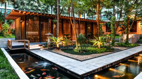 Tenko [Best Omakase in Bangkok] I Japanese Restaurant in Bangkok Japanese Alfresco Dining, Japanese Restaurant Design Ideas, Pond In Restaurant, Landscape For Restaurant, Japanese Outdoor Restaurant, Zen Garden Restaurant, Al Fresco Cafe Design, Japanese Garden Restaurant, Omakase Restaurant Design