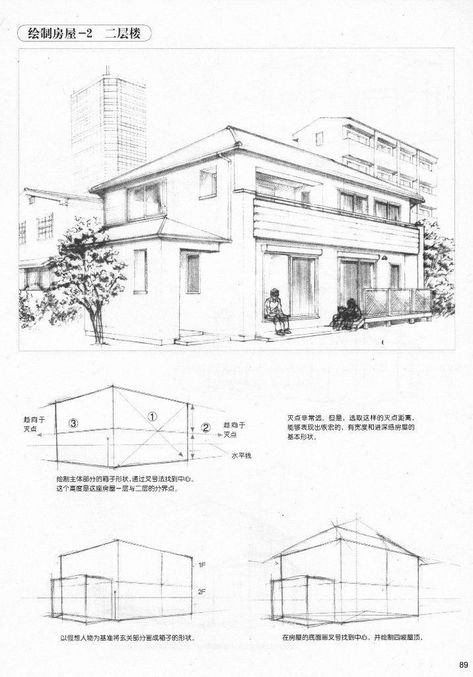 Perspective House Sketch, Houses In Perspective, Manga Building Background, 3 Point Perspective Cityscape, Perspective Drawing Reference Building, Architecture Drawing Beginner Step By Step, Room Perspective Drawing, 2 Point Perspective Drawing, Architecture Study