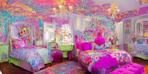 a cozy bedroom decorated by Lisa Frank, detailed, high | Stable Diffusion Lisa Frank Crochet, Lisa Frank Bedroom, Band Room, Girls Room Design, Superhero Room, Lisa Frank, Cozy Bedroom, Girls Room, Kids Decor