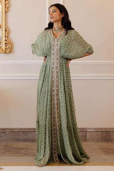 Green Kaftan, 1950’s Fashion, Printed Kaftan, Pista Green, Kaftan Designs, Embroidered Midi Dress, Sharara Set, Embroidered Skirt, Indian Fashion Designers