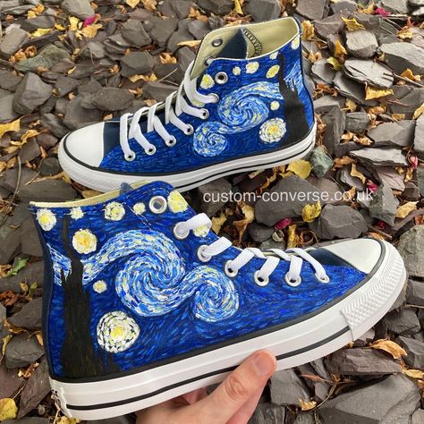 Van Gogh’s Starry Night in Converse form. 💙 #converse #customconverse #chucks #chucktaylor #allstar #kicks #sneakers #customshoes #customtrainers #trainers #shoes #personalised #customsneakers #handpainted @converse #vangogh #starrynight #vangoghstarrynight #trainers #art #artist Starry Night Converse, Van Gogh Converse, Starry Night Shoes, Converse Diy Painted, Starry Night Crochet, Star Crochet Bag, Personalised Converse, Crochet Bag Diy, Vangogh Starrynight