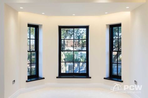 Black Industrial Windows, Double Glazing Windows, Modern Sash Windows, Double Glazing Ideas, Black Double Glazed Windows, Black Internal Windows, 4 Over 4 Windows Exterior, Black Sash Windows Exterior, Black Window Casings Interior