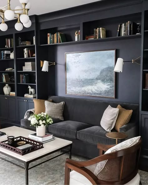 Navy Walls Black Furniture, Small Den Storage Ideas, Office Formal Living Room Combo, Speakeasy Basement, Oak Interior Design, Park And Oak, Finished Basement Designs, Downstairs Bedroom, Oak Interior